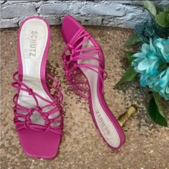 Schutz Pink Leather Sandals Mules Heel Size 9.5 - Picture 3 of 4